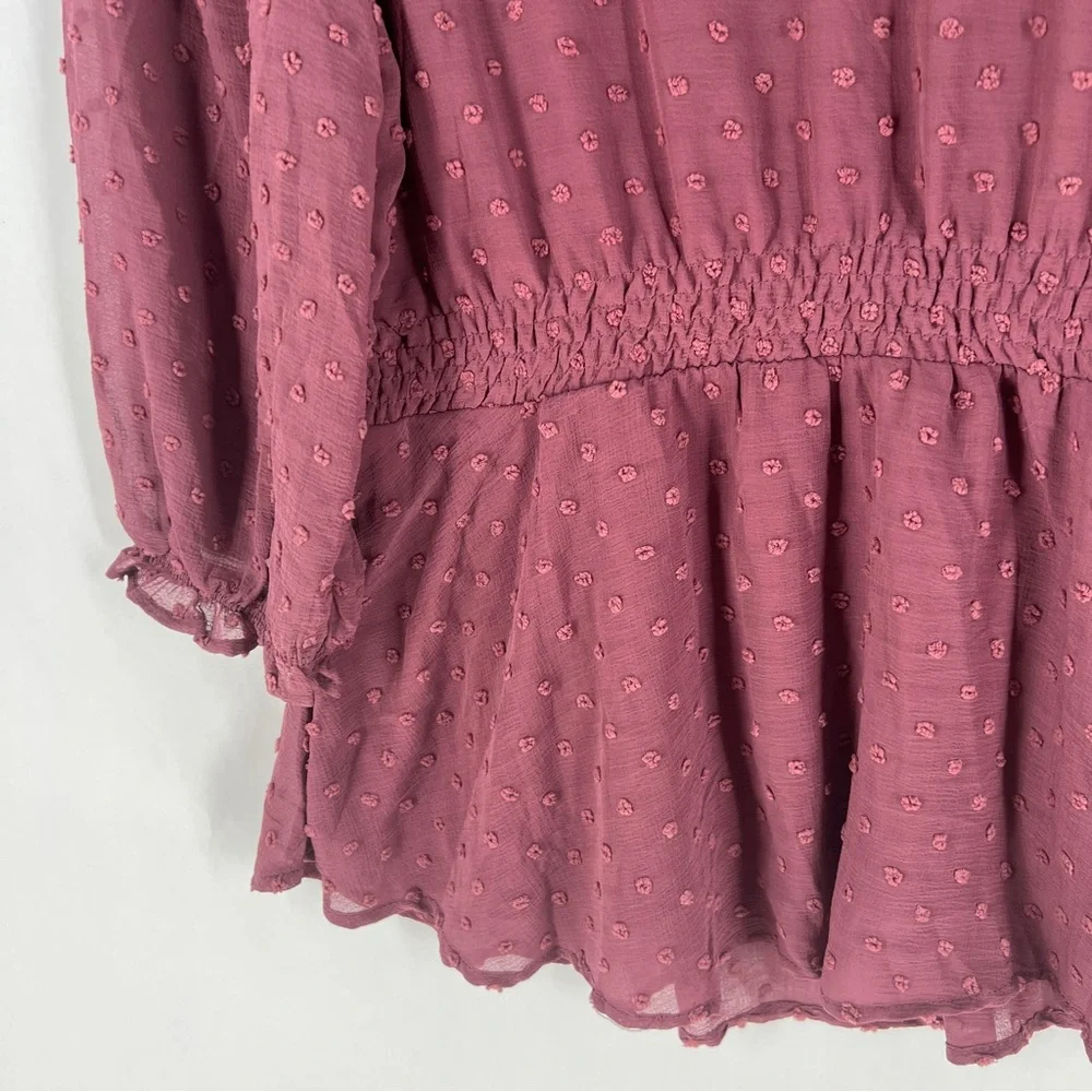 Monteau‎ Purple Sheer Swiss Dot Ruffle Neck 3/4 Sleeve Peplum Blouse NWT XL